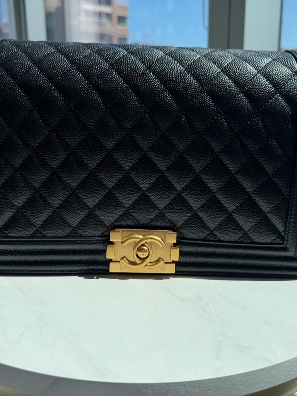 CHANEL Black Quilted Leather Shoulder Bag with Gold CC Lock